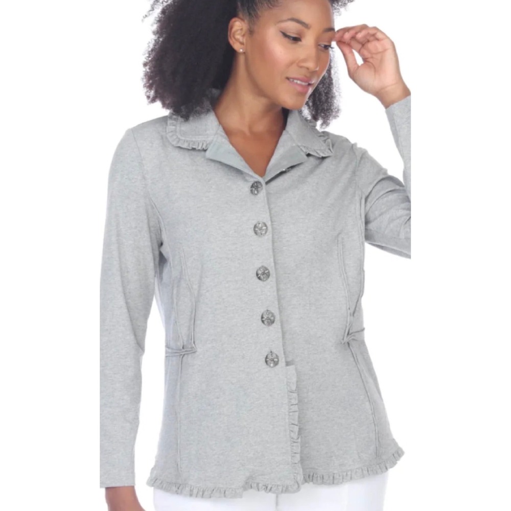Neon Buddha‎ Jacket Womens L Grey Artsy Ruffle Button Down Jersey Knit Lagenlook
